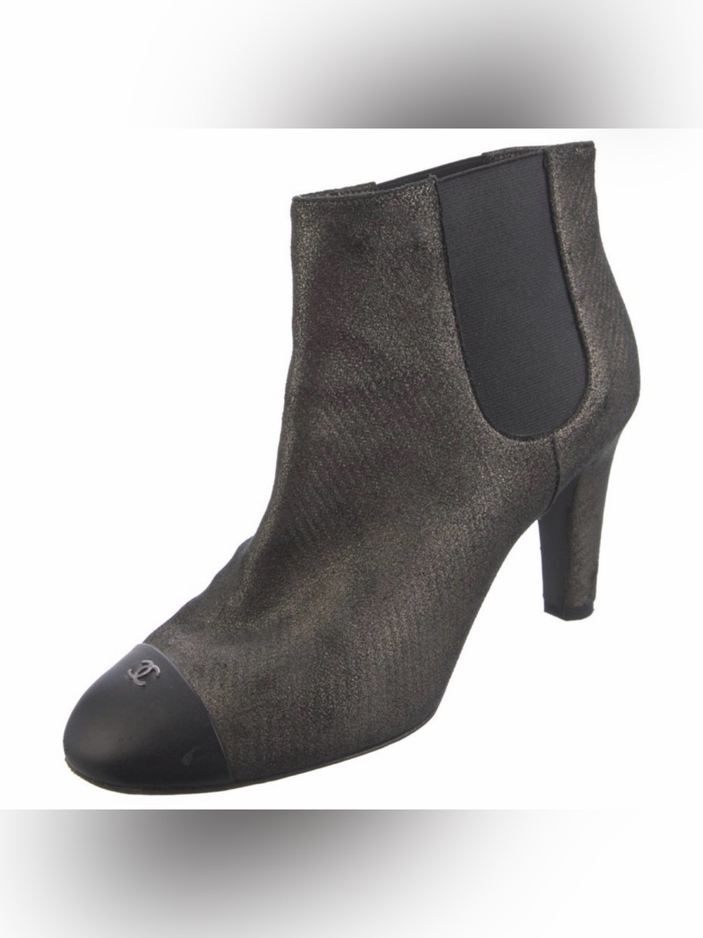 CHANEL Metallic Charcoal Black Cap-Toe Ankle Booties